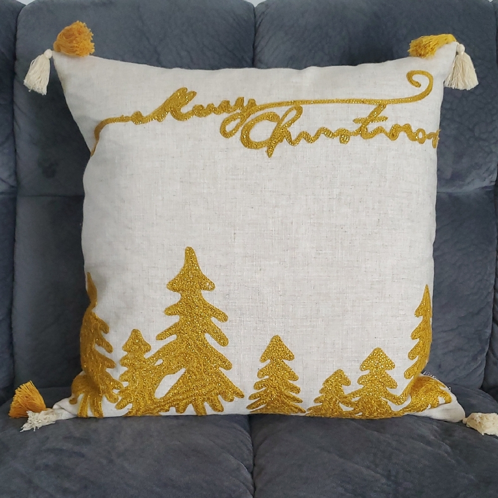 Elegant Gold and Cream Holiday Pillow with Festive Design MOD LIFESTYLES